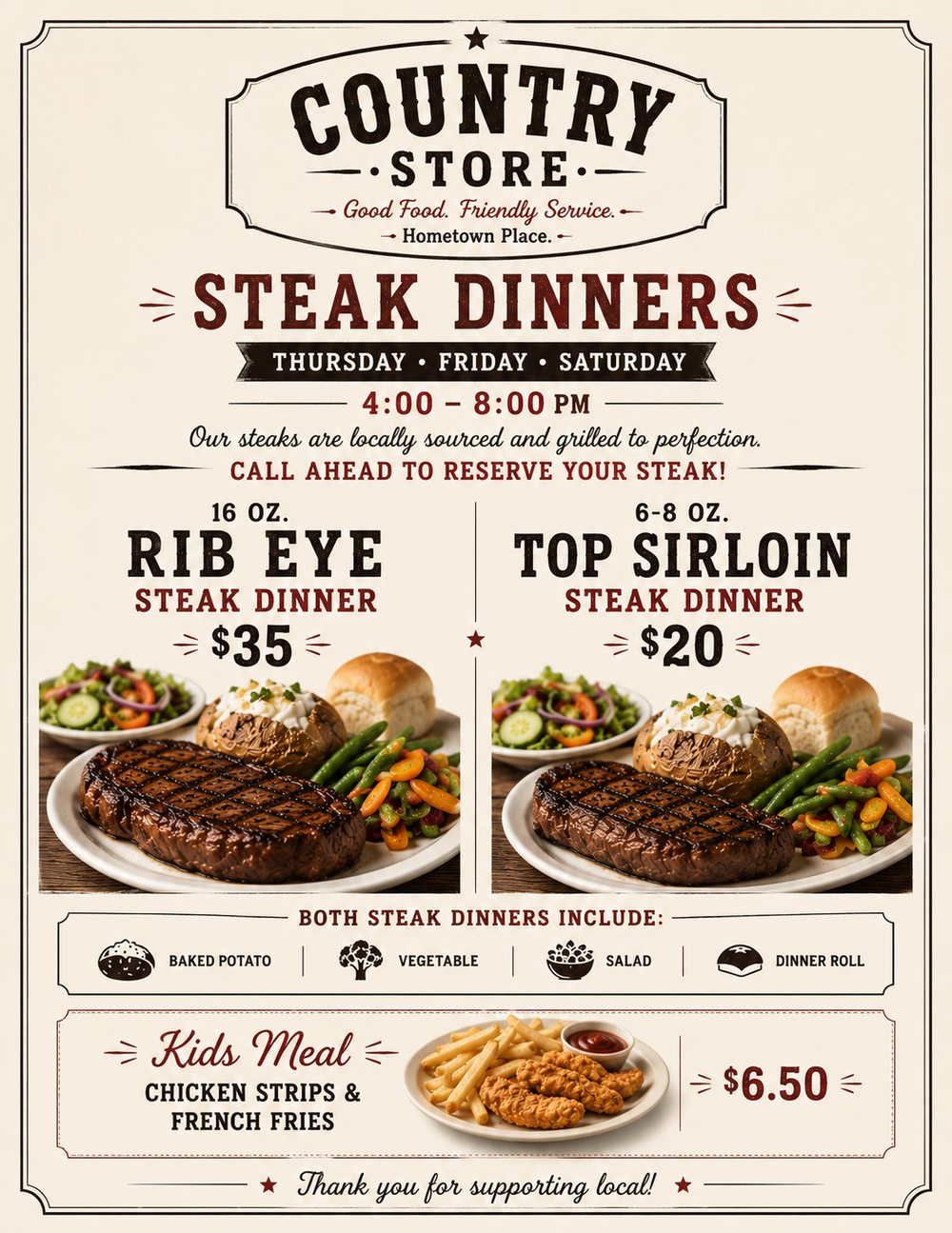 Country Store Steak Dinners, Thursday Friday Saturday 4 to 8 p.m. 16 oz. Rib Eye dinner $35, 6 to 8 oz. Top Sirloin dinner $20. Both include baked potato, vegetable, salad, and dinner roll. Kids meal chicken strips and fries $6.50. Call ahead to reserve your steak.